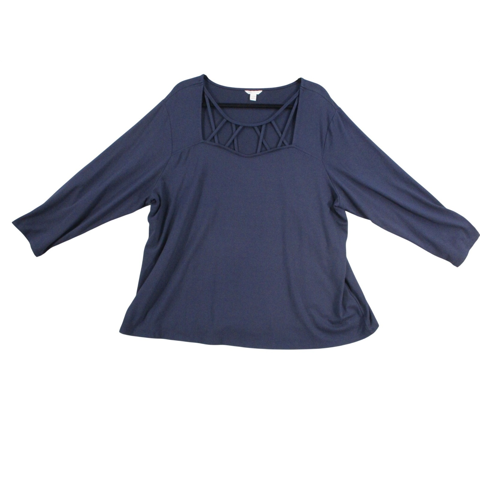 Cato Navy Blue Lattice Strappy Neck Long Sleeve Top Plus Size 2x 20w-22w